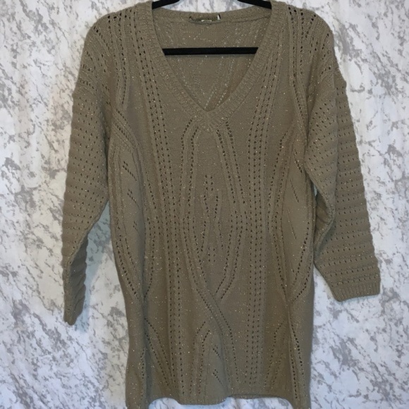 Vintage Dana Scott Woven V Neck Tunic Sweater Beige with Gold Thread Size Large - Picture 1 of 9